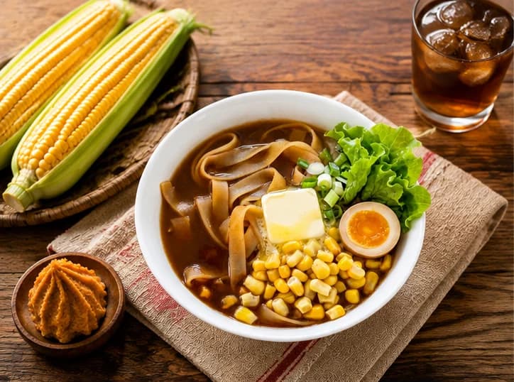 バターとコーンをのせた味噌煮込みうどん